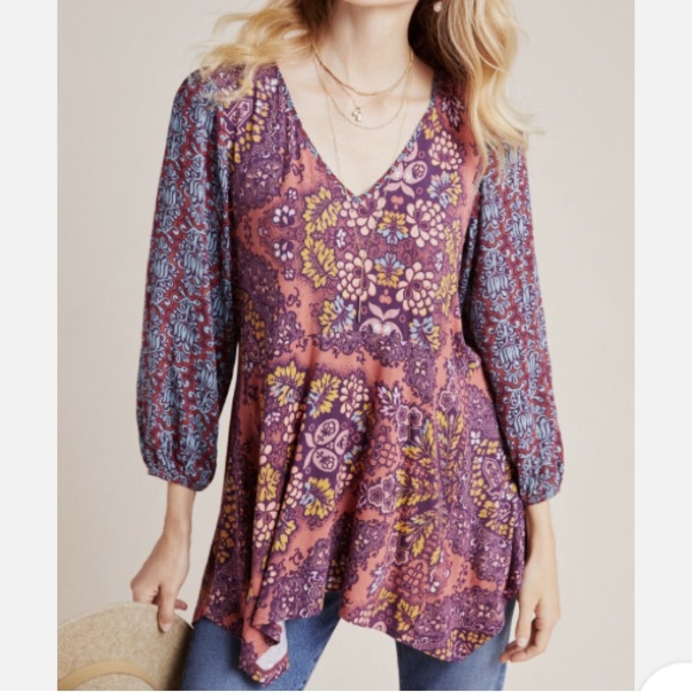 Maeve Anthropologie Tunic Top XS Mariella Floral V-Y2K Fairycore Neck Asymmetric